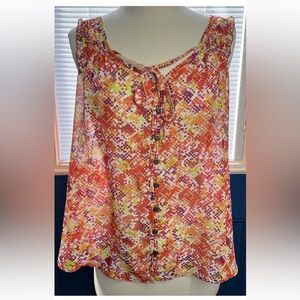 Gap Womens Button Up Tank Top Semi Sheer Blouse Size Large Orange/Pink Print NWT